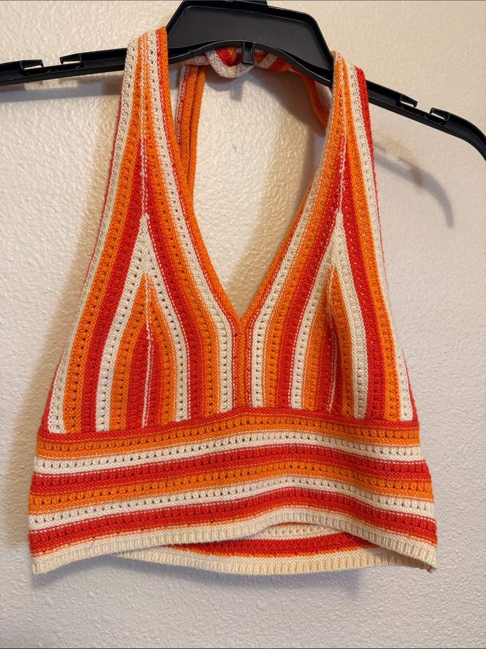 SHEIN Orange, Red & Cream Striped Crochet Halter Crop Top